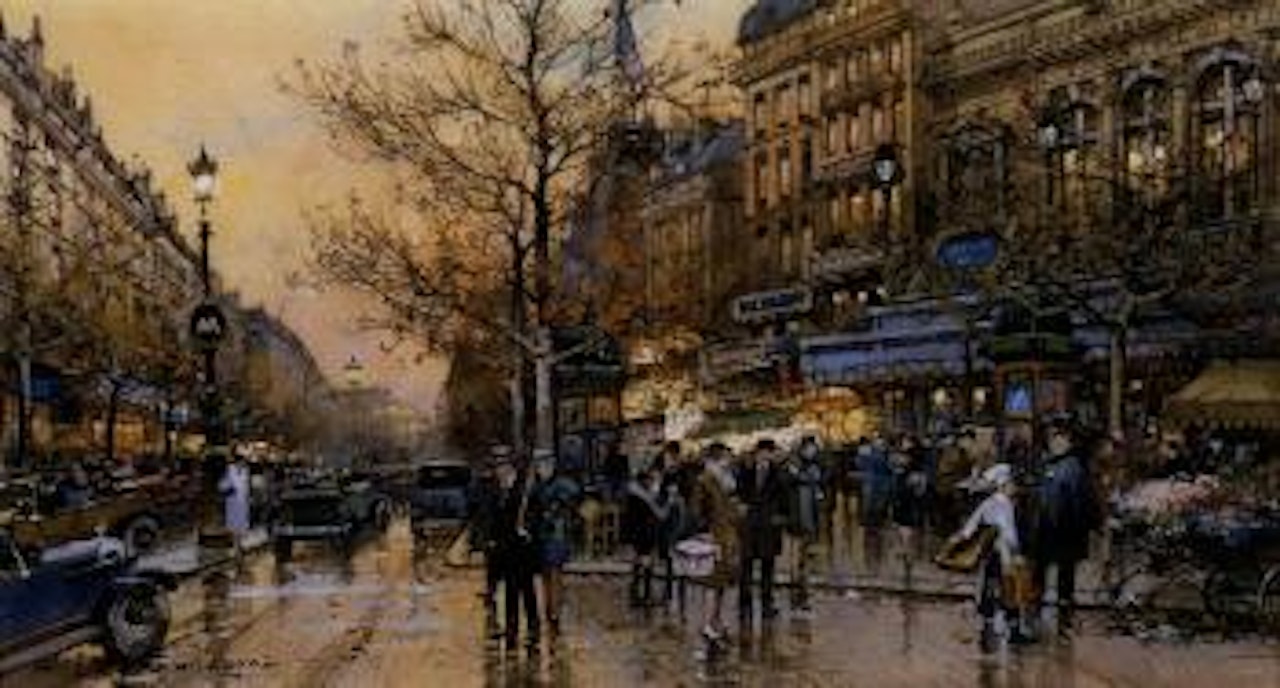 Bonne Nouvelle Boulevard and theater, Paris by Eugene Galien-Laloue
