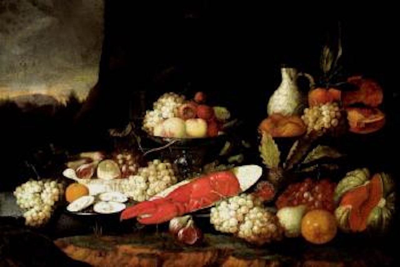Still life with fruit, oysters, lobster, porcelain cups and a silver cup by Jan Pauwel Gillemans