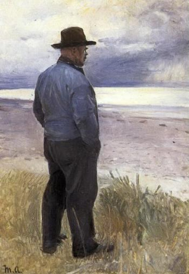 After bonfire night - man on beach by Michael Ancher