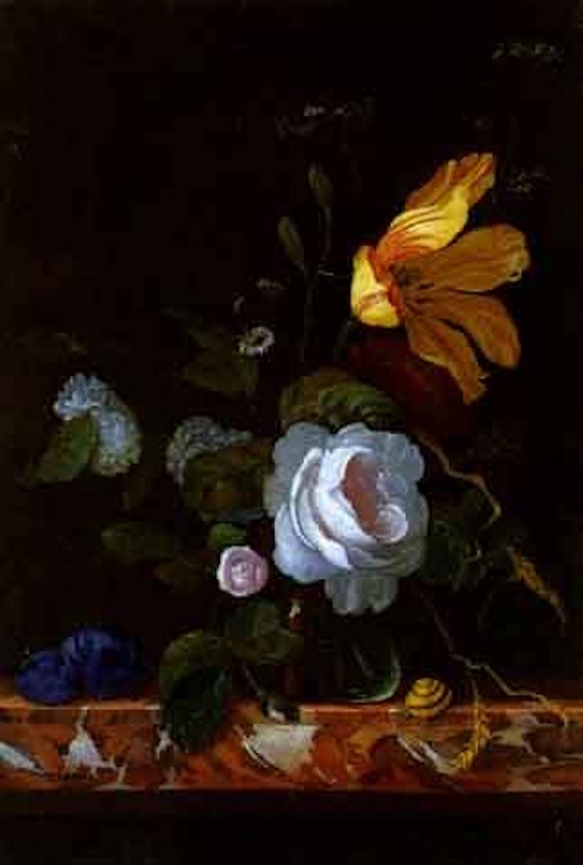 Still life of flowers in glass vase with plums and snail by Cornelis Kick