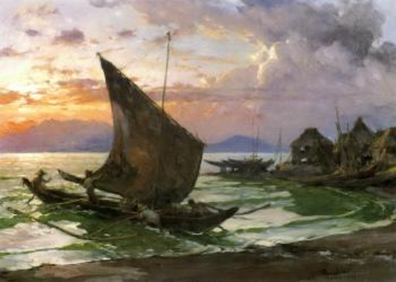 Fishermen going out to sea at dusk by Fernando Amorsolo