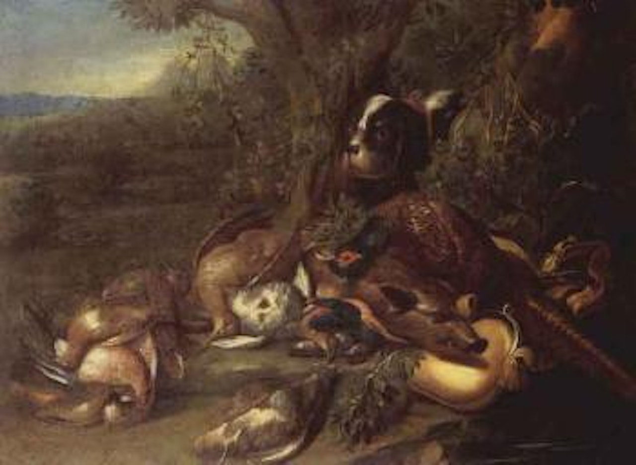 Still life of game in a landscape, including a cock pheasant wild boar by Jan Weenix