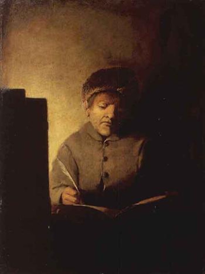 Man in his study writing in a book by Attributed to Rembrandt Harmensz van Rijn