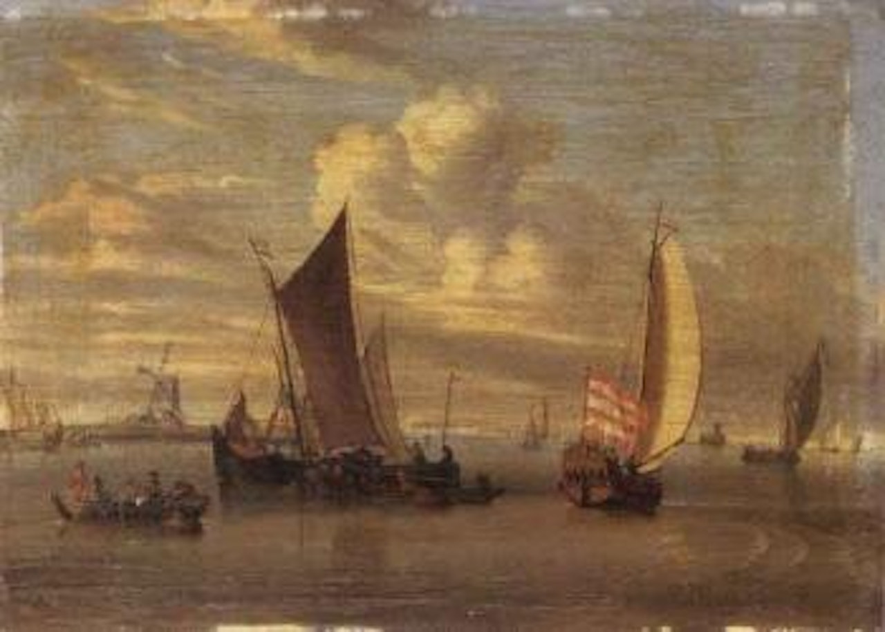 Sailing vessels offshore with a windmill beyond by Abraham Storck