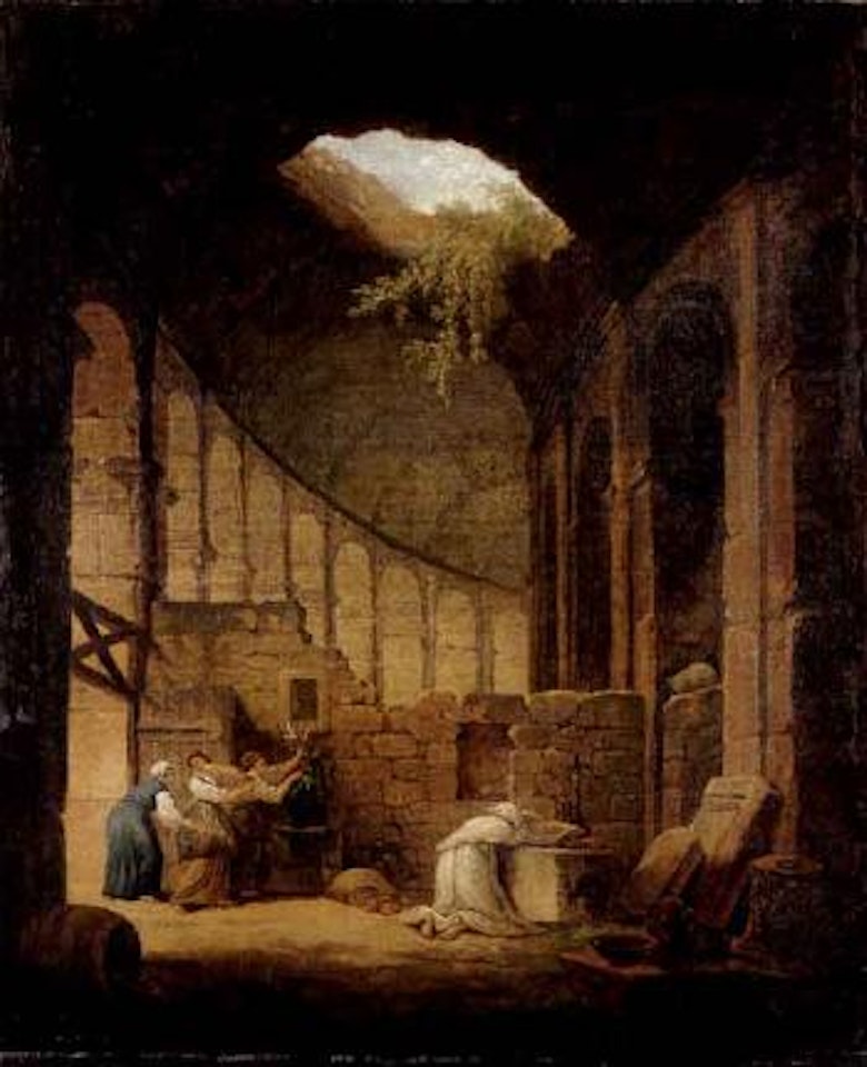 Hermit praying before an altar in a ruined chapel, with three woman offering flowers by Hubert Robert