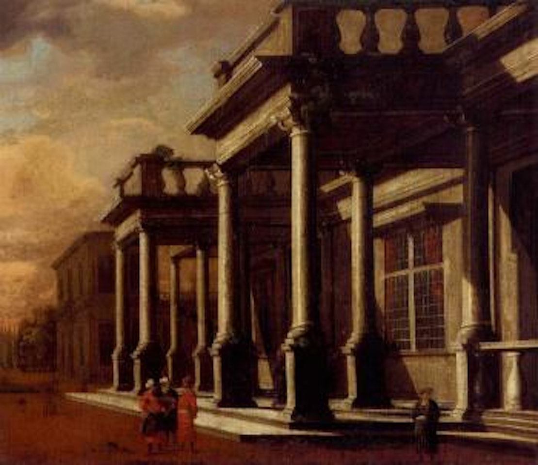Orientals conversing before a capriccio of a classical building by Viviano Codazzi