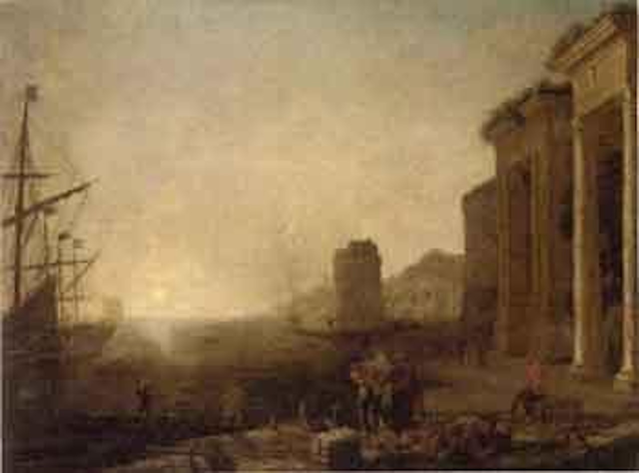 Coastal inlet with moored shipping and stevedores on a quay by Claude Lorrain