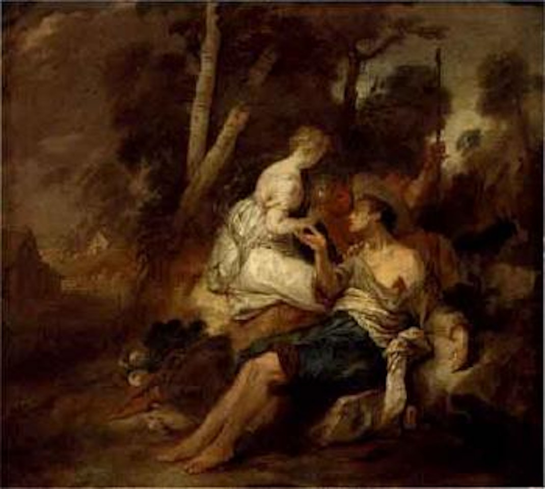 Wooded landscape with figures resting before a tree by Jean François de Troy