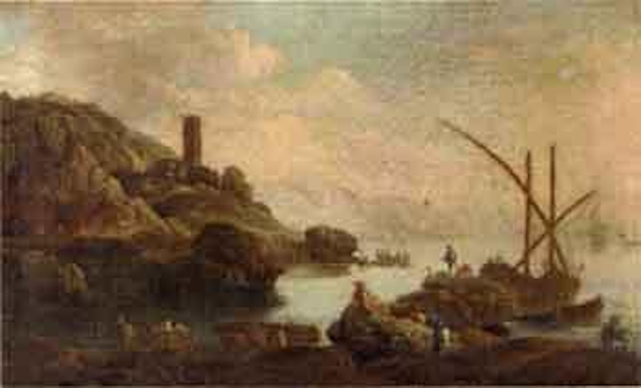 Mediterranean coastal inlet with fisherfolk on a shoreline by Claude Joseph Vernet