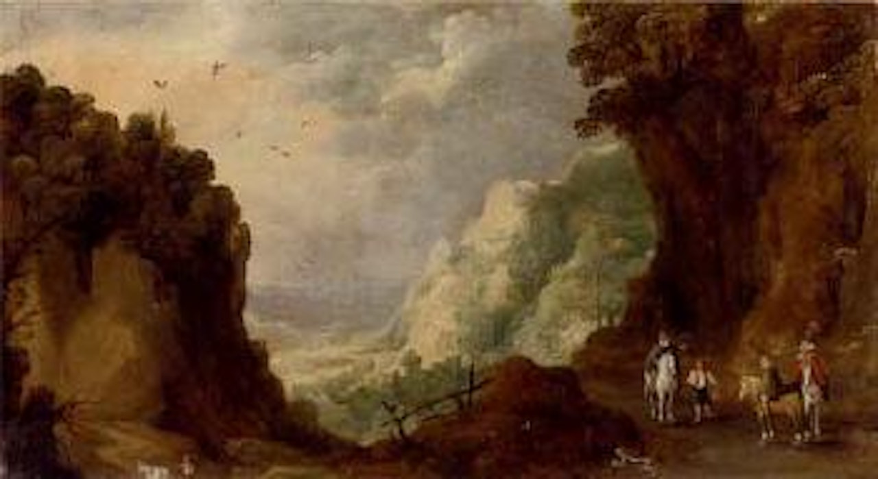 Extensive rocky landscape with travellers on a track, valley beyond by Joos de Momper the Younger