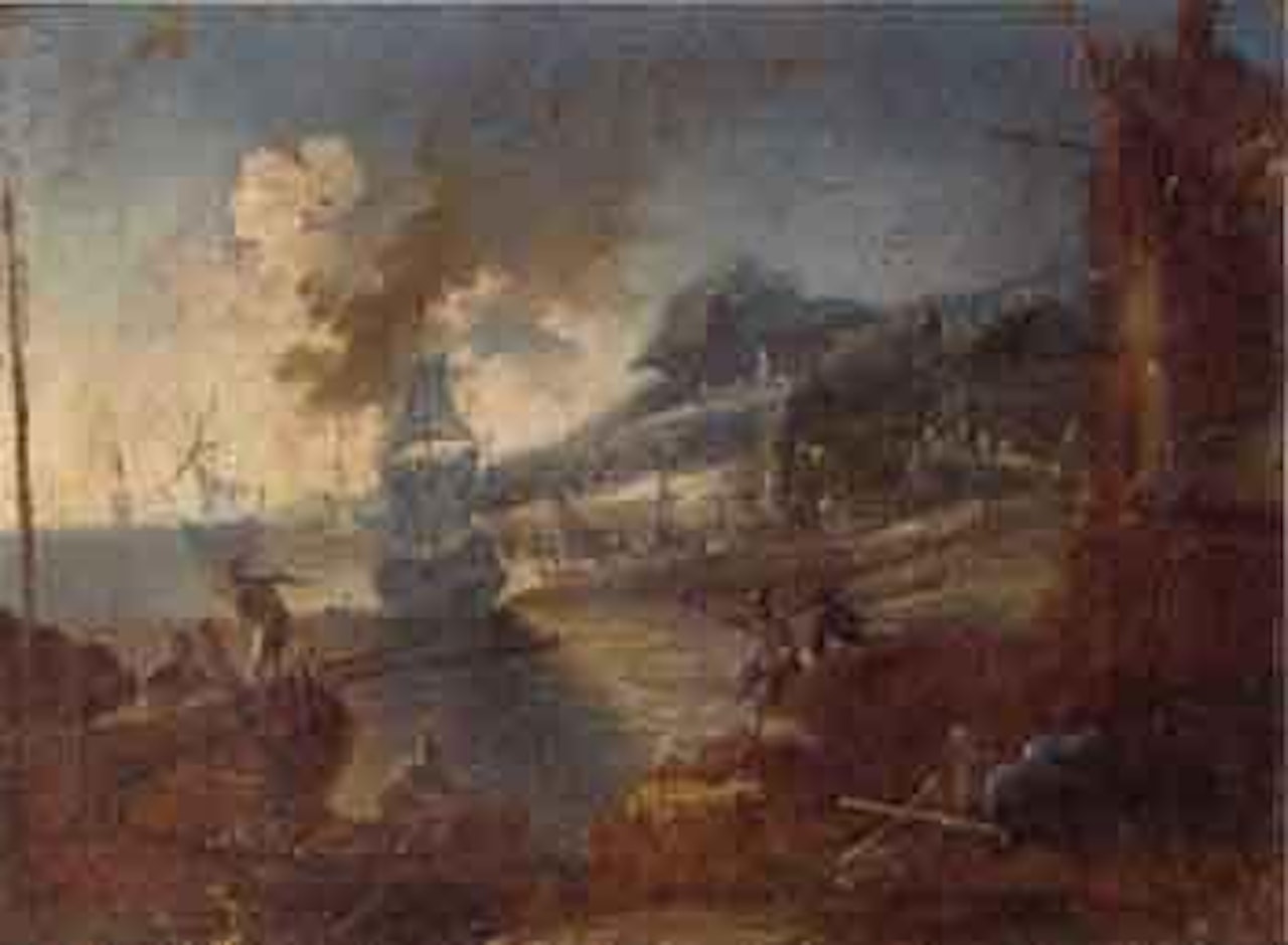 Mediterranean harbour with man-o-war. Stevedores on the shore by Alessandro Magnasco