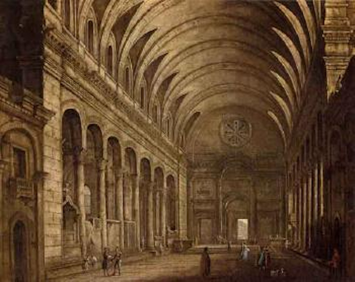 Figures in a baroque church interior by Pierre Antoine Demachy