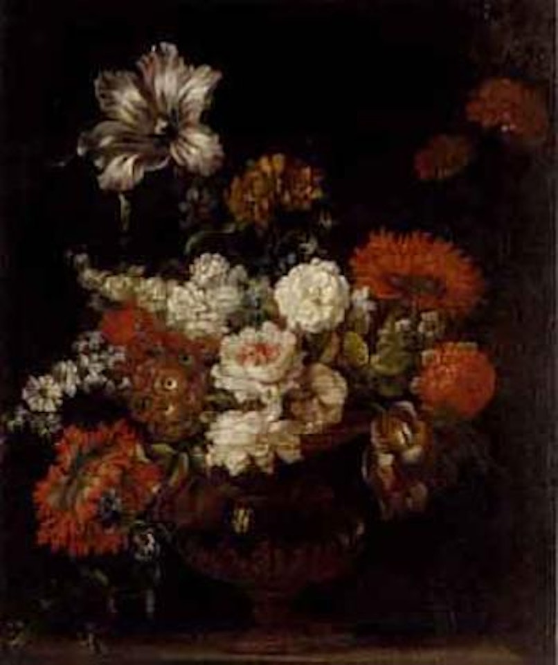 Rose, tulips and other flowers in an urn by Jean Baptiste Monnoyer