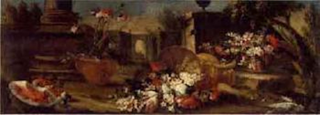 An upturned straw basket with carnations, roses with a jug, watermelon in formal garden by Gasparo Lopez