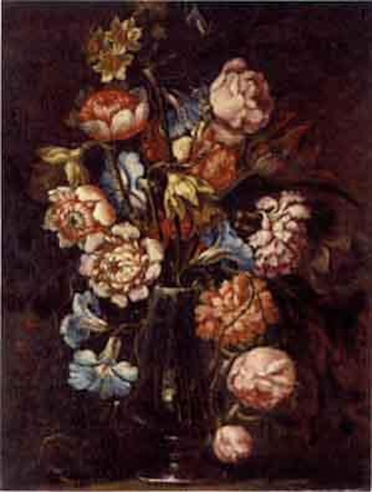 Carnations, tulips, daffodils and other flowers in a glass vase on a ledge by Juan de Arellano