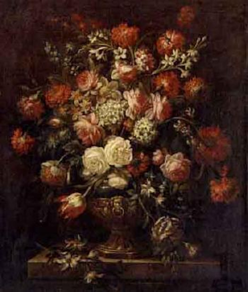 Rose, tulips and other flowers in sculpted urn on a ledge by Jean Baptiste Monnoyer