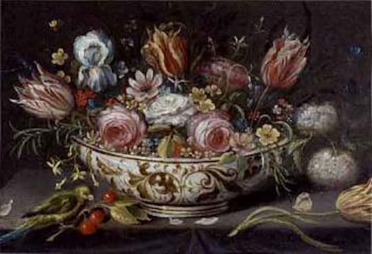 Carnations, roses and other flowers in a porcelain bowl by Jan Van Kessel The Elder