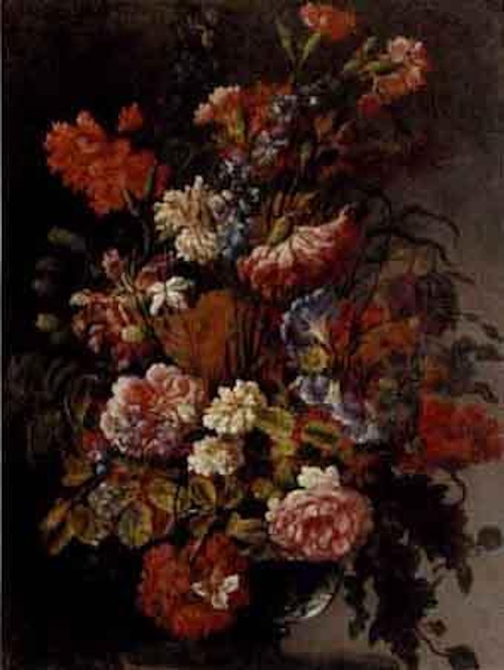 Carnations, peonies and other flowers in glass vase by Jean Baptiste Monnoyer