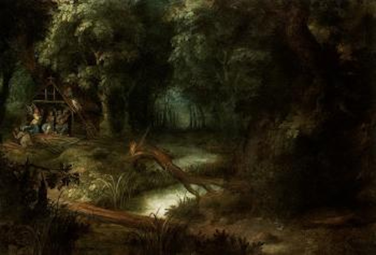 Landscape with Saint Mary Magdalene attended by angels in her hut by Abraham Govaerts