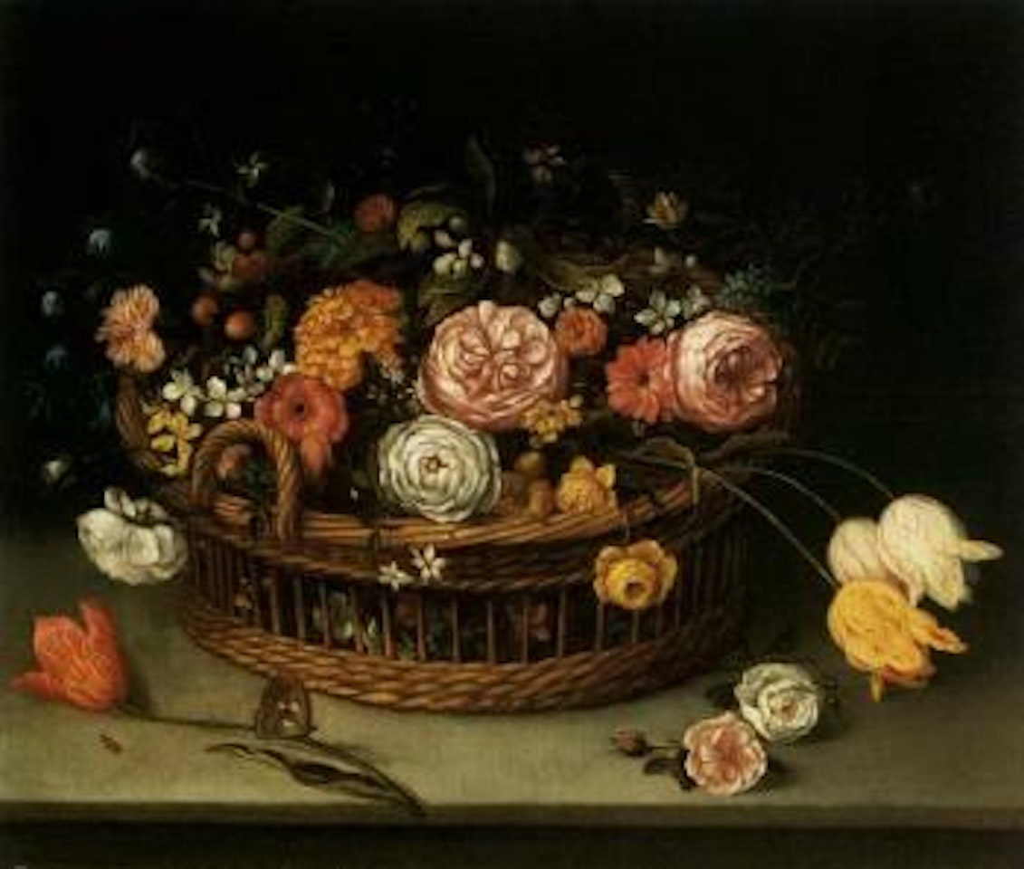 Still life of roses, tulips and other flowers in a wicker basket by Jan Brueghel the Younger