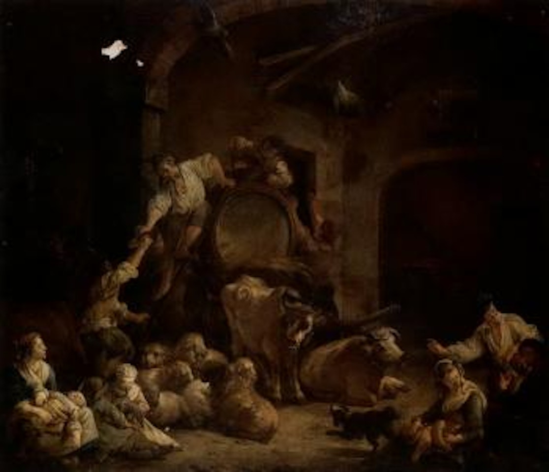 Barn interior with women and children resting and playing by French School