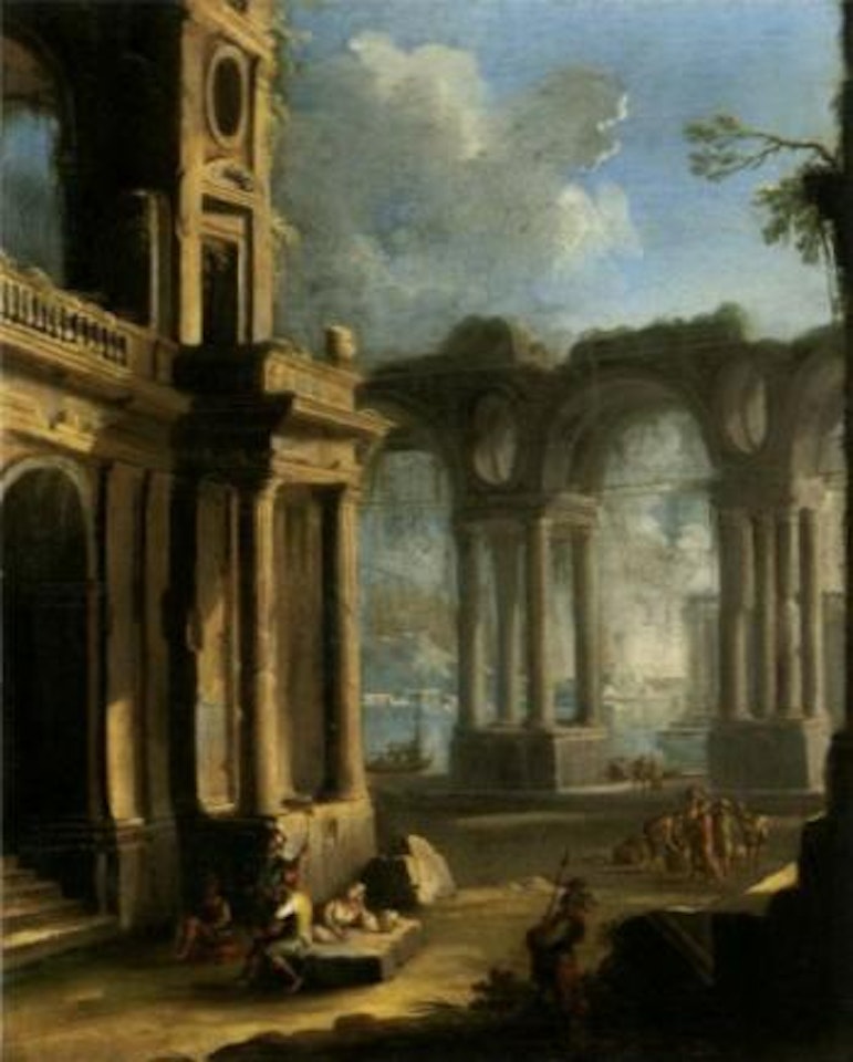 Architectural capricci with soldiers and other figures conversing by Gennaro Greco