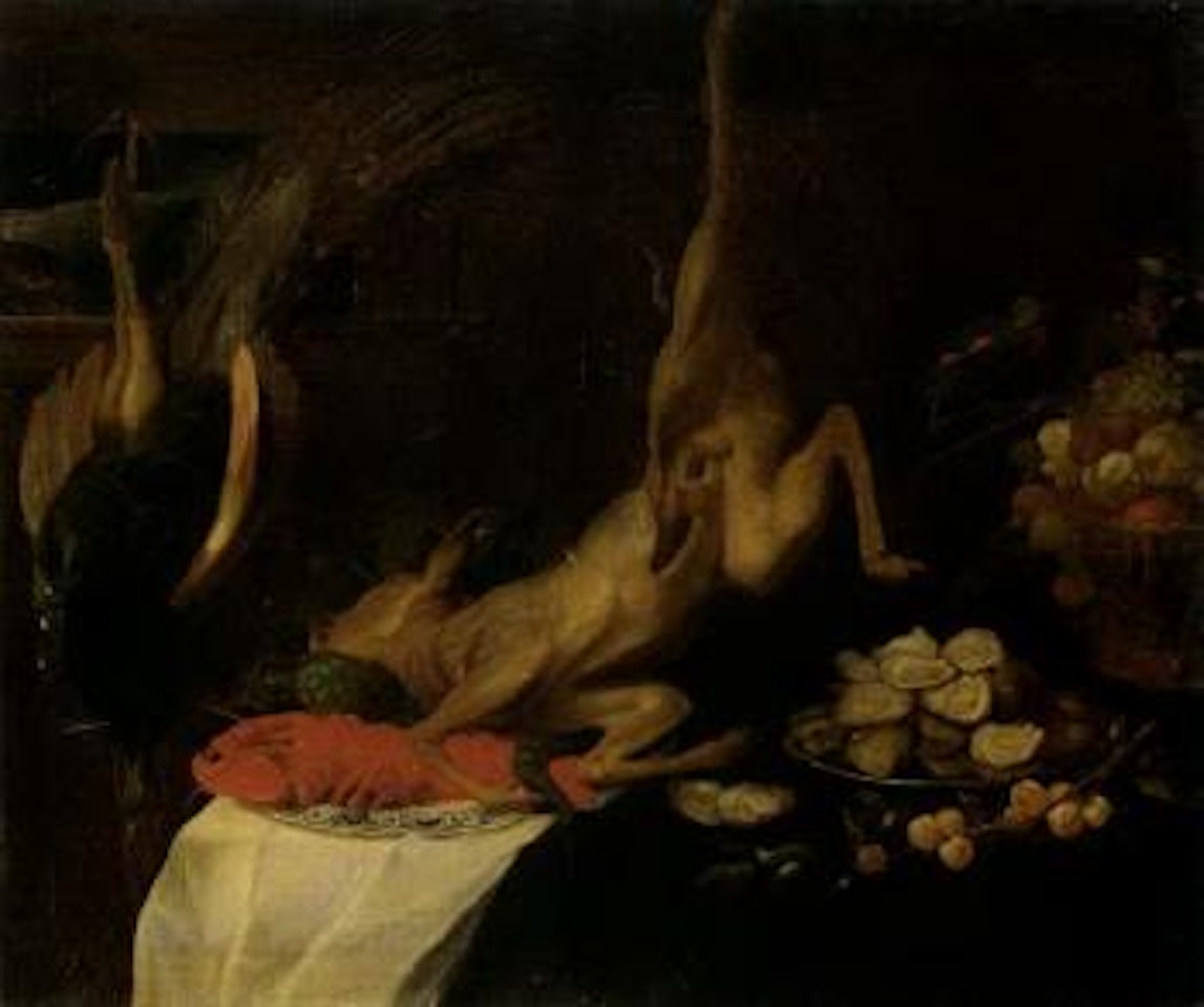 Game larder still life with deer, peacock and dish of oysters, basket of fruit by Frans Snyders