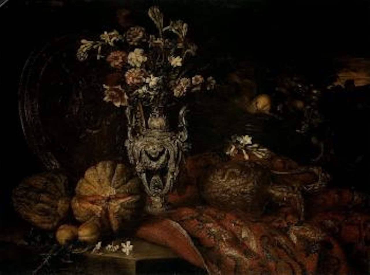 Still life of flowers in a silver mounted hardstone vase by Roman School