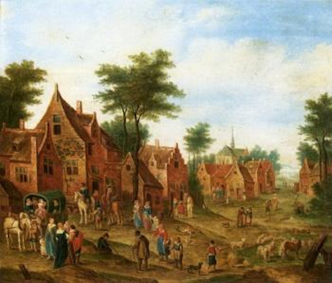 Village scene with numerous figures and a wagon by Karel Beschey