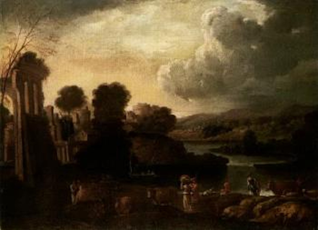 Italianate landscape with a town overlooking a river valley by Roman School