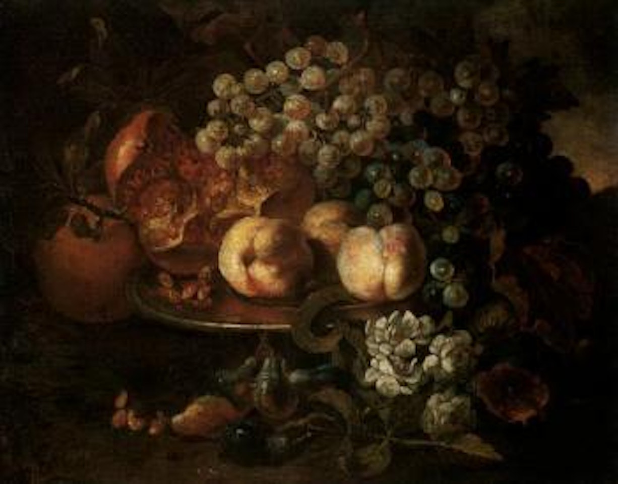 Still life of peaches, pomegranates and grapes upon a pewter plate with figs and roses by Abraham Brueghel