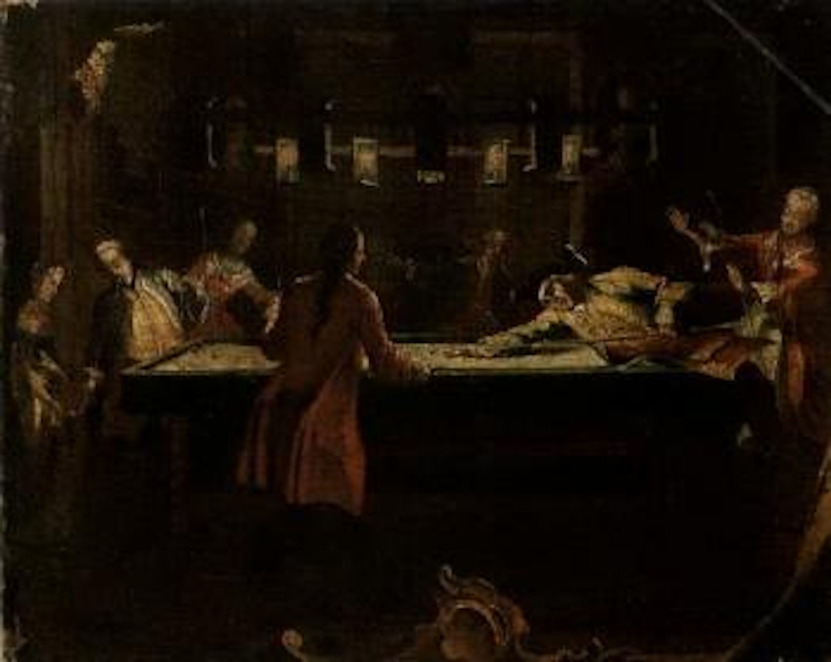 Elegant figures playing billiards by candlelight by Pietro Longhi