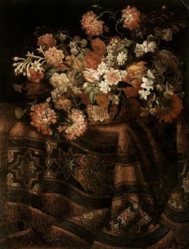 Still life of flowers in a wicker basket, upon a table draped with a carpet by Roman School
