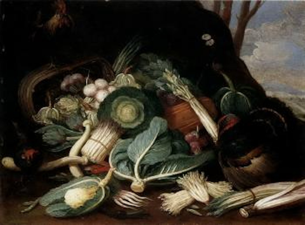 Still life of vegetables, turkey and cockerel, hen by Jan Van Kessel The Elder
