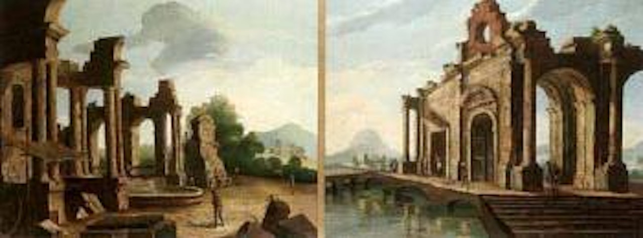 Southern landscape with figures beside classical ruins by Viviano Codazzi