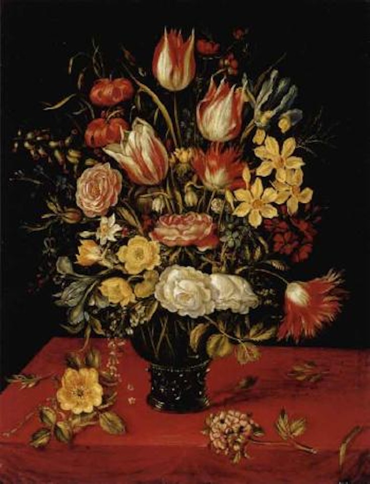 Tulips, lilies, daffodils and other flowers in a roemer, with hypericum and elderflowers on a table by Jan Van Kessel The Elder