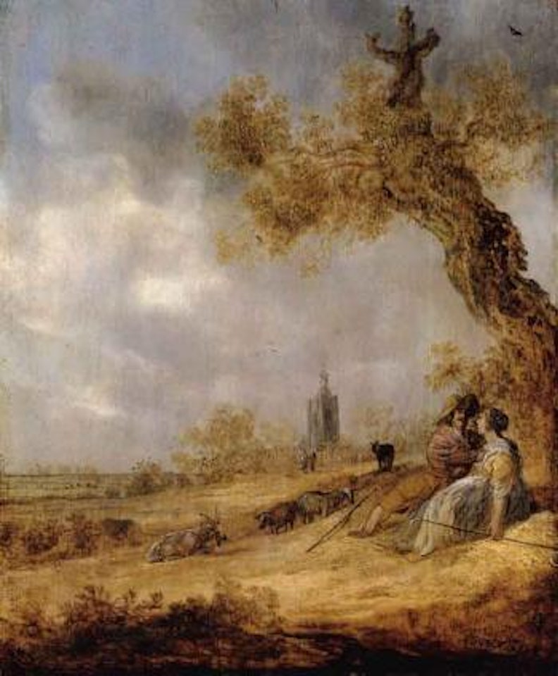 Landscape with a shepherd and shepherdess, church beyond by Jan van Goyen