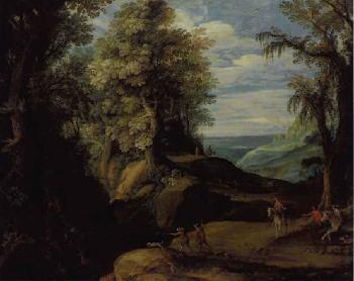 Stag hunt in a wooded landscape by Paul Bril