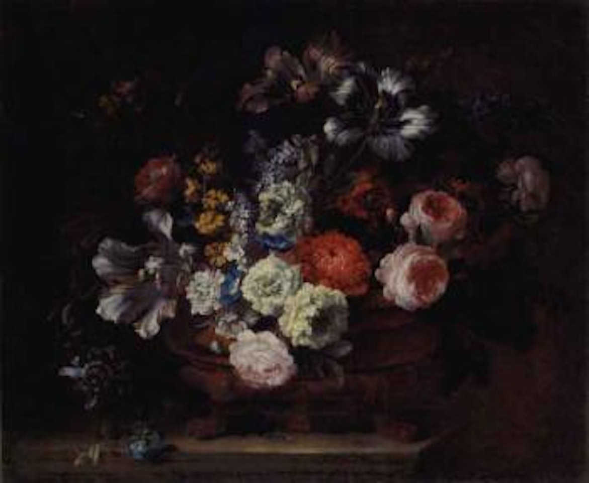 Roses, tulips, lilies and other flowers in a urn on marble ledge by Jean Baptiste Monnoyer