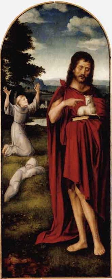 Saint John the Baptist in a landscape, Saint Francis of Assisi beyond. Saint Jerome in the wildernes by Adriaen Isenbrandt