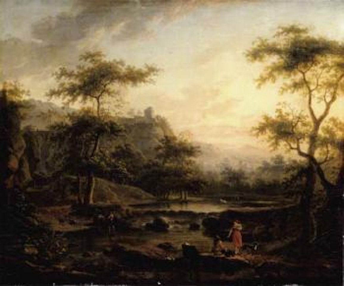 River landscape with a washerwoman and a herder resting, two men in a boat by Jan Both