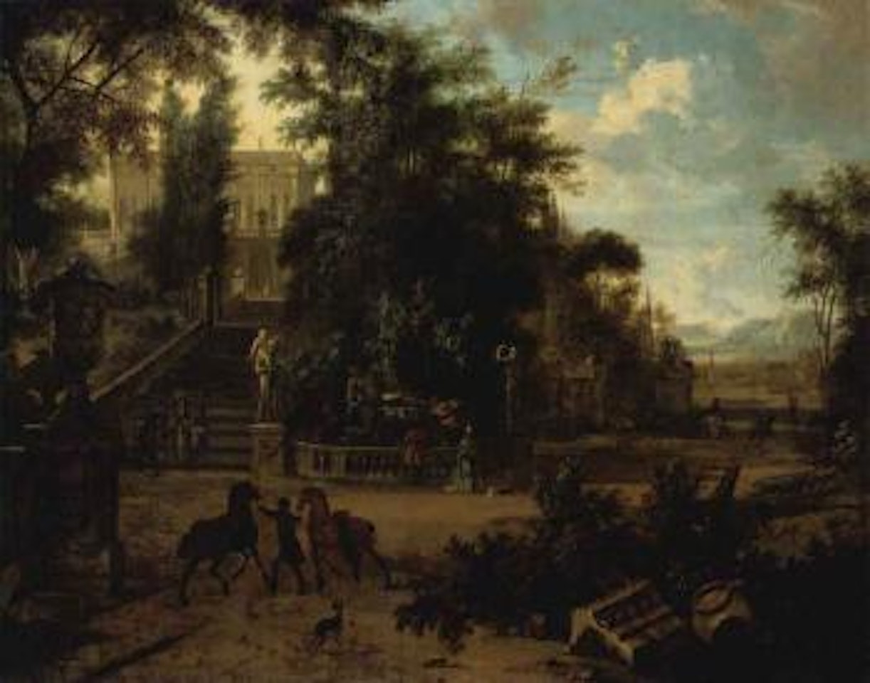 Gardens of a renaissance palace with elegang company, horses and grooms by Isaac de Moucheron