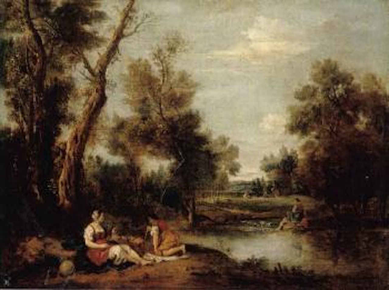 Wooded river landscape with figures resting on a bank by Francesco Zuccarelli