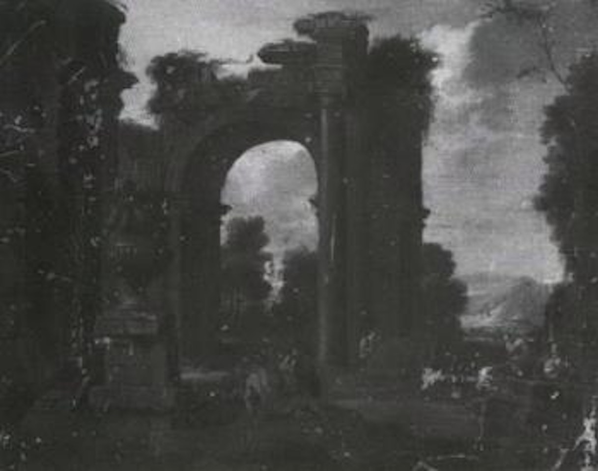 Classical figures beside Roman ruins by Giovanni Ghisolfi