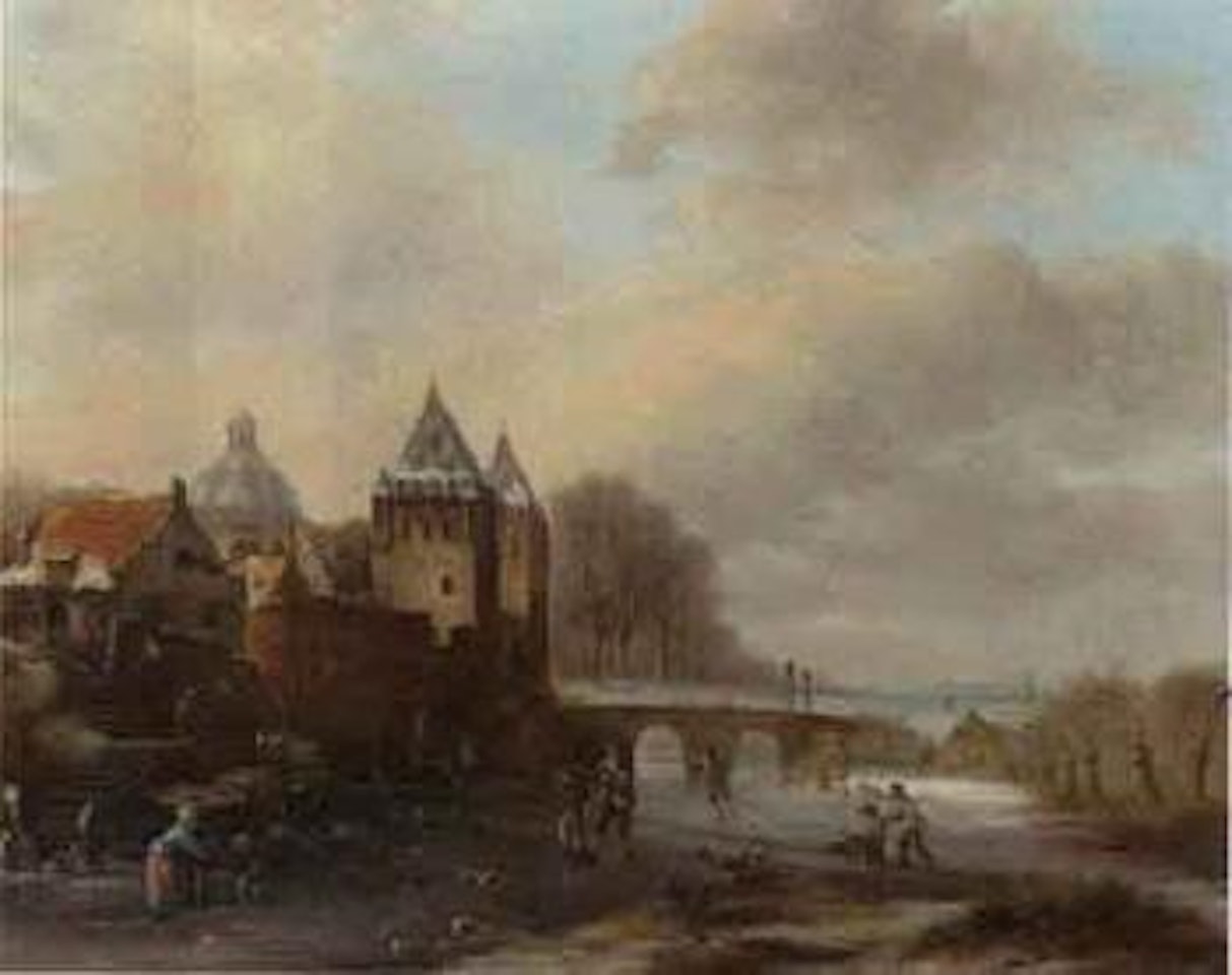 Winter landscape with a town on the left by Dutch School