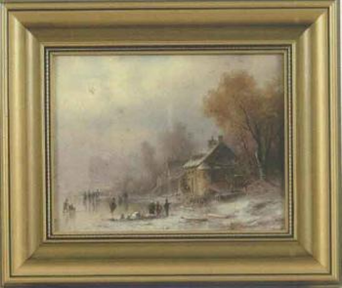 Figures on frozen waterway near buildings by Anton Doll