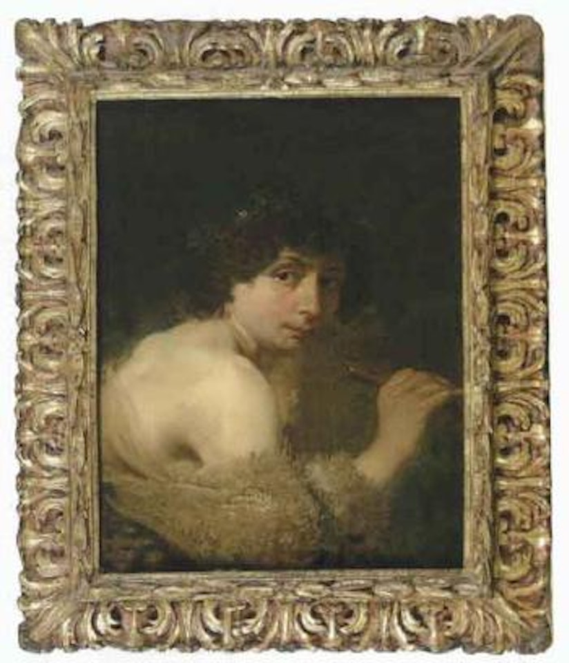Boy with wreath of laurel and flute by Dutch School
