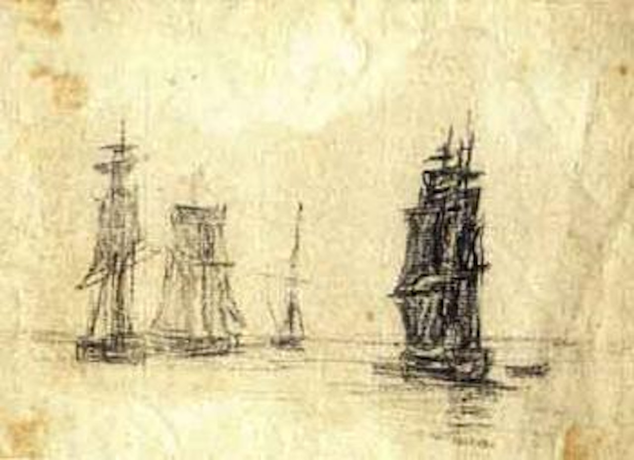 Voiliers et mer et silhouettes sur la plage by Eugène Boudin