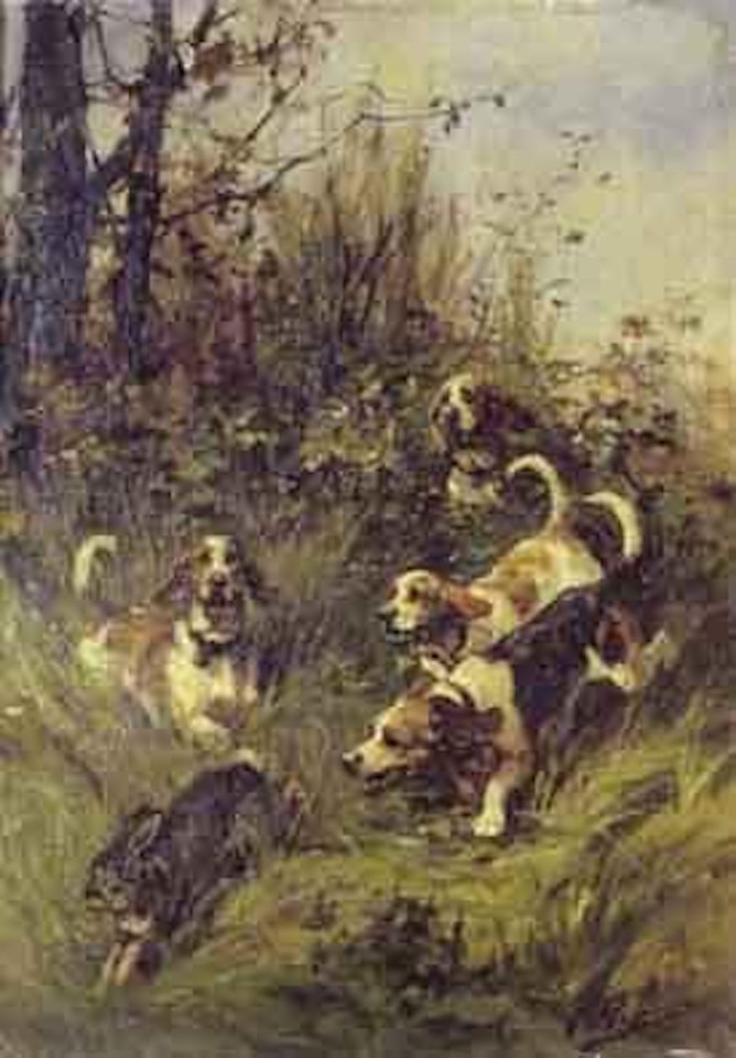 Quatre chiens de chasse poursuivant un lievre by Olivier de Penne