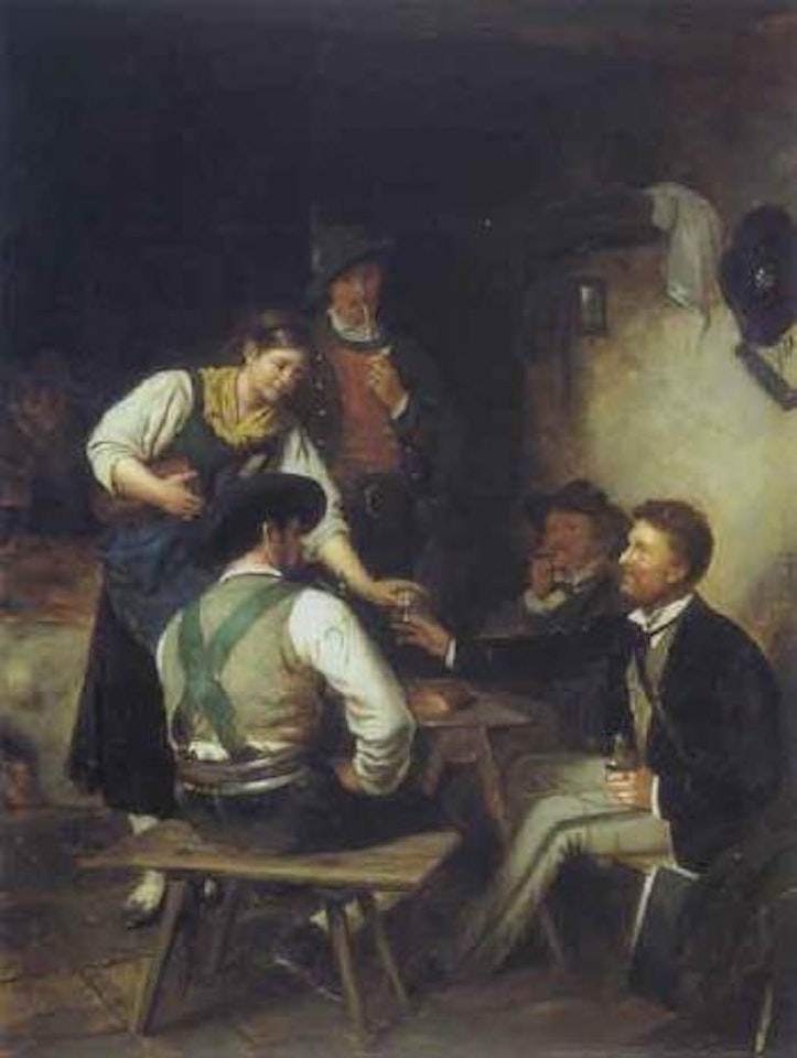 Interior scene with with woman and painters by Franz von Defregger